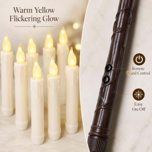 Image of Wanna Party Magical Floating Candles with Remote Wand, 12 Pcs Warm Yellow Flickering Flameless Hanging Candles with Clear Line & Adhesive Hooks for Wizard Theme Birthday, Halloween & Room Decoration