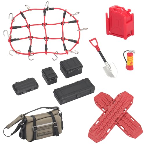daitoku 1/24 & 1/18 Car Roof Decoration RC Crawler Accessories Luggage Net ARB Bags Recovery Boards Luggage Box Fire Fuel Tanks Extinguisher Shovel Wood Box for 1/18 TRX4M 1/24 Axial SCX24 (Red)
