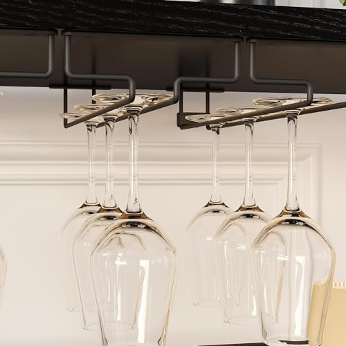 Image of Vintage Industrial Wine Bar Cabinet with Adjustable Wine Racks and Glass Holders, Mesh Door Sideboard Storage Cabinet for Living Room, Kitchen, Dining Room, Compact Design, Easy Assembly,Black