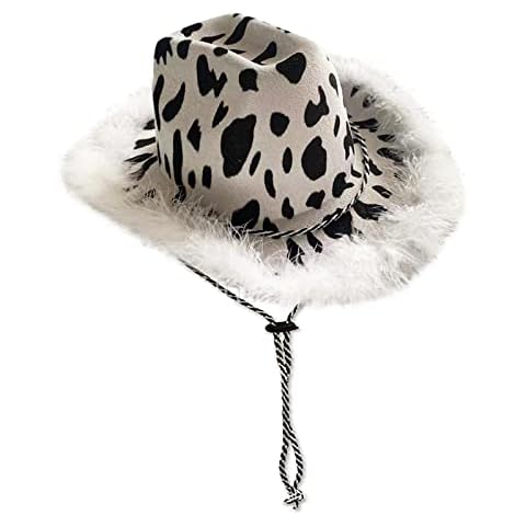 Milk Cow Print Cowboy Hat with White Feather Western Cowgirl Hats Adults Women Men Felt Cowboy Hat for Fancy Dress Party Costume Cover