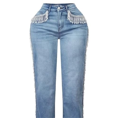 Women's High Waisted Fringe Denim Pants Tassels Skinny Denim Jeans Rhinestone Fringe Trendy Denim Pants4