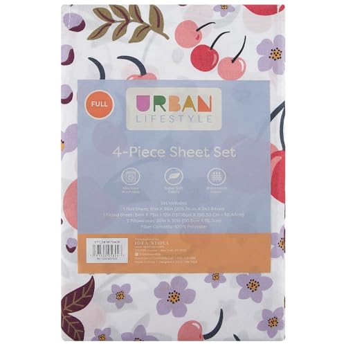 Urban Lifestyle 4 Piece Sheet Set, Including Top Sheet, Fitted Sheet and 2 Pillow Cases, Cherry Print, Full by Urban Lifestyle - Used condition - Image 4