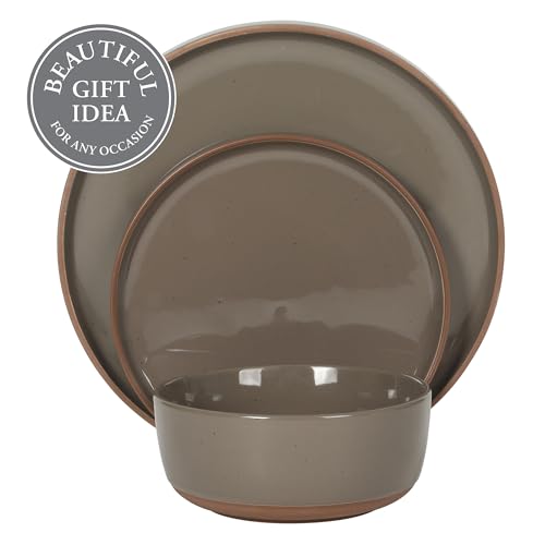 Image of Gibson Elite Northrock Stoneware Dinnerware Set, 12-Piece Service for 4 Plates and Bowls Set - Gray Dishes with Hand-Painted Terracotta Base