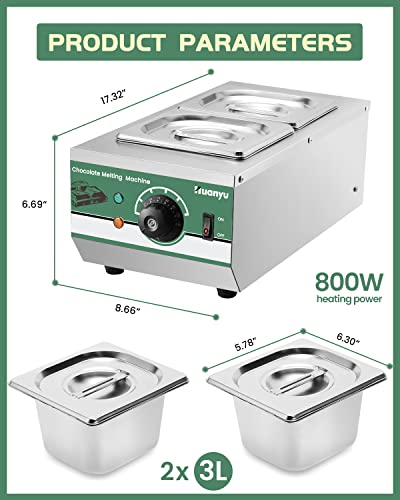 Huanyu Chocolate Tempering Machine 86~176℉ Commercial Electric Melting 2-Pot 9LBs Stainless Steel Food Warmer Professional Heated Chocolate Melter with Lid for Catering Restaurant Canteen Home Party
