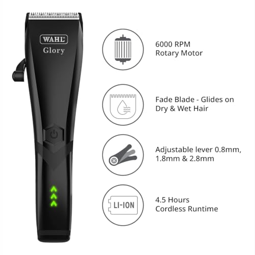 Image of Wahl Glory Professional Clipper, Cord /Cordless Operation, 6000 RPM Powerful Motor, Patented Blade with Integrated Adjustable Lever, Lightweight, Smart LED Indicator, 4.5 Hours Runtime, 2 Years Warranty, 02211-024