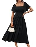 GRACE KARIN Women's Short Sleeve Smocked Square Neck A Line Summer Flowy Maxi Long Dress Black L