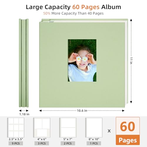 Remowith Large Self Adhesive Photo Album Scrapbook with Window Linen Cover, 60 Pages for 4x6 5x7 8x10 Photos, Family Baby Wedding Memory Book, Light Green 11x10.6 inch - Thumbnail 3