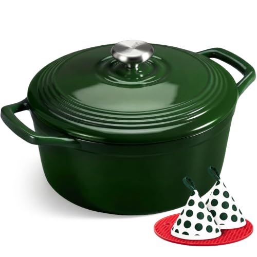 Image of Overmont Enameled Cast Iron Dutch Oven - 5.5QT Pot with Lid Cookbook & Cotton Potholders - Heavy-Duty Cookware for Braising, Stews, Roasting, Bread Baking Bamboo Shadow