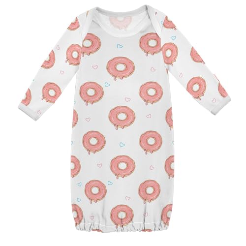 WIFIU Pink Sweet Doughnut Pattern Baby Girls Boys Sleeper Gown Cotton Nightgown Long Sleeve, Baby Nightdress Sleeping Clothes for Newborn 0-3 Months