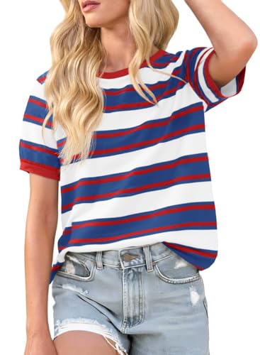Imily Bela Womens Summer Tops 2026 Striped Color Block Short Puff Sleeve T Shirt Casual Crewneck Loose Basic Tee Blue