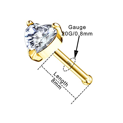 Cocharm 14K Solid Gold Heart Nose Rings Stud 20G Yellow Gold Bone Nose Ring Clear Cz 7Mm Hypoallergenic Nose Piercing For Women #TOP1
