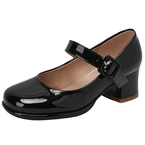 CUTEHEELS Women Comfort Mary Jane Shoes Buckle Strap Chunky Heels Court Shoes with Round Toe Black