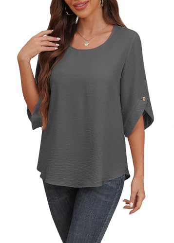 Askyes Womens Blouses Casual Cute Chiffon Tops and Blouses Summer Dressy Short Sleeve Blouse Shirts for Work,Grey,S