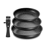 set de poêle en pierre Poignée amovible en un clic ：La poignée des casseroles pour induction est conçue pour être montée et démontée en un seul clic. Elle s'installe de manière stable et se détache facilement. Lors de la cuisson, elle offre une prise en main confortable et une stabilité optimale. Pour le rangement, il suffit de démonter la poignée pour économiser de l'espace. Les casseroles peuvent ainsi être facilement stockées dans les placards, tiroirs ou autres espaces de rangement, en conservant une cuisine bien organisée.