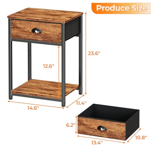 Image of Furologee Nightstands Set of 2, Night Stand with Fabric Drawer and Storage Shelf, Retro Bedside Sofa Tables for Small Place, End Side Tables Living Room Bedroom, Rustic Brown