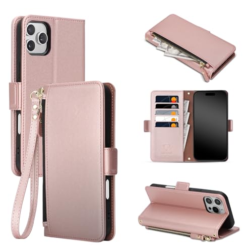 COBEAR for iPhone 16 Pro Case Wallet, Pu Leather Flip Phone Case with Wrist Strap, Zipper Pocket, Kickstand, Women Men Phone Wallet Case with Card Holder for iPhone 16 Pro,Rose Gold