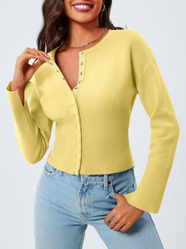 Image of Saodimallsu Womens Cropped Sweaters Cardigan | Button Down,Long Sleeve,V Neck,Ribbed Knit,Slim Fit ,Pullover Crop Tops