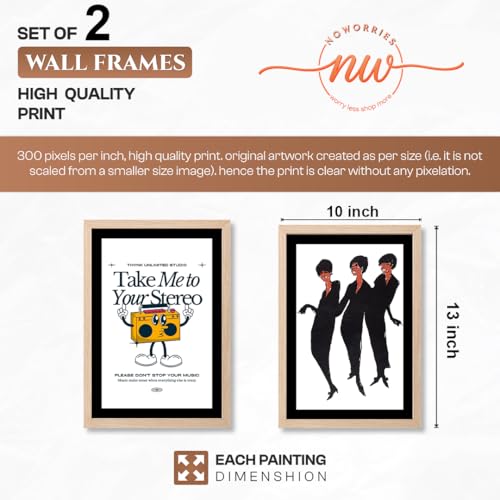 Image of NoWorries Retro Music and Fashion Disco Art Wall Painting | Vintage Stereo Quote & Dancing Silhouette Posters Frames | Premium 300 GSM Paper Print with Synthetic Wooden Frame | Modern Aesthetic Wall Decor for Living Room, Bedroom, Music Room & Office (Set of 2) (NATURAL, ART-6, 10X13INCHES)