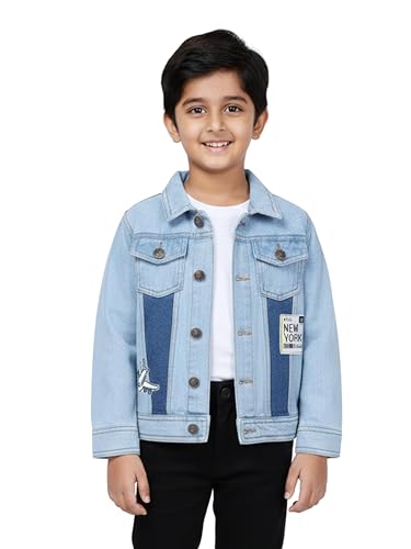 Image of KiddoPanti Boys Denim Jacket | Cotton Poly Blend with Spandex | Washed Denim, Full Sleeve | Button Closure & Front Flap Pockets | Collared Neck