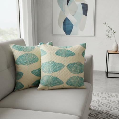 Image of STITCHNEST 'QuadraNest' Series Printed Quilted Velvet Cushion Cover 16x16 Inch Set of 2 | Premium Soft Fabric, Washable & Fade Resistant | Decorative Living Room Cushion Covers | Botanica Weave