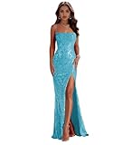 Women's Mermaid Turquoise Prom Dresses 2024 Sequin Tulle Lace Appliques Long Mermaid Formal Cocktail Party Gown Size 8