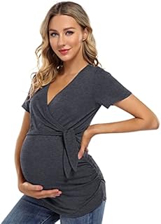 KOJOOIN Maternity Nursing T Shirt Short Sleeve V-Neck Breastfeeding Tops Front Pleat Maternity Clothes Pregnancy Tunic