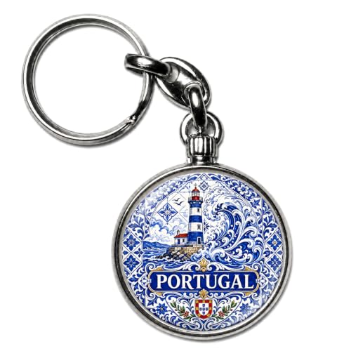 BADGMANIA Porte-clés Métal Portugal Phare Azulejo – Faïence Bleue Océan Vague – Cadeau Déco Amoureux du Portugal – Porte-clés Souvenir Portugal – Logo 33 mm 2 Faces – Fabriqué en France
