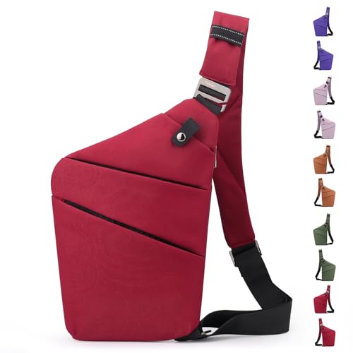 Anti Theft Crossbody Travel Bag - Multi-pocket Shoulder Bag with Adjustable Strap,Slim Sling Bag for Women Men (Red-right Shoulder)