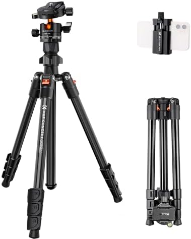 K&F Concept Tripod,Lightweight Aluminum Travel Outdoor Camera Tripod with Metal Ball Head Load Capacity 10kg/20lbs,Quick Release Plate,Phone Holder, for Canon Nikon DSLR Cameras