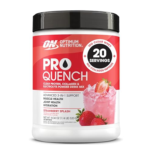 Image of Optimum Nutrition Pro Quench, 10g Clear Protein, 10g Collagen peptides & Electrolyte Powder Drink Mix, Strawberry, 20 Servings, 520 Grams (Packaging May Vary) (Pack of 6)