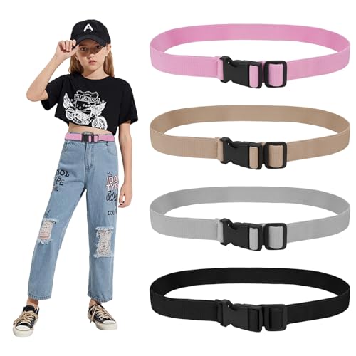 4 Pack Kids Elastic Adjustable Belts, Stretch Belts with Black Buckle for Pants Jeans, Uniform Waist Belt for Boys Girls