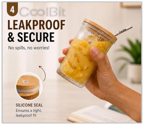 Image of COOLBIT 350ml Glass Tumbler with Bamboo Lid & 4 PCS Stainless Steel Straw+Cleanig Brush, Reusable Ribbed Drinking Glass Cup for Coffee, Juice, Smoothies & Water.