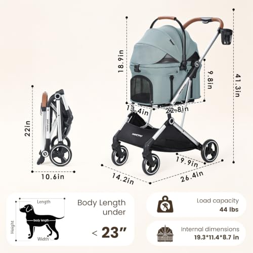 Image of T3 Pro Small Dog Stroller (Green) | Detachable Carrier, 3-in-1 Stroller, Lightweight, Breathable Mesh Fabric, One-Button Braking, Easy to fold, Adjustment Canopy