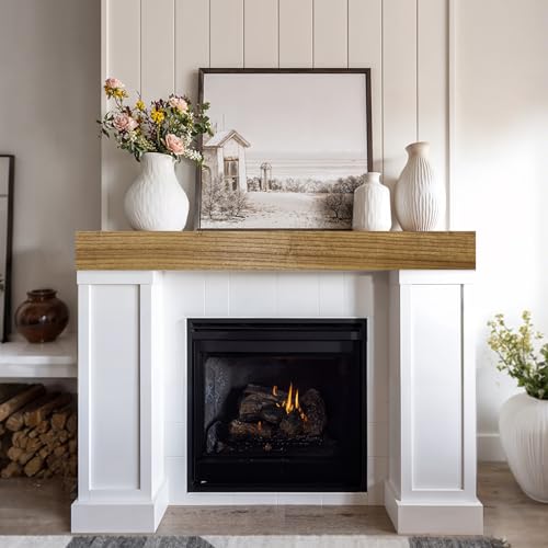 LXWZHK Fireplace Mantel Shelf, 48×8×5 Inch Wooden Floating Shelf for Over Fireplace, Handcrafted Wood Mantels, Wall-Mounted Mantel Shelves, Rustic Floating Mantels Shelves for Living Room, Oak Color