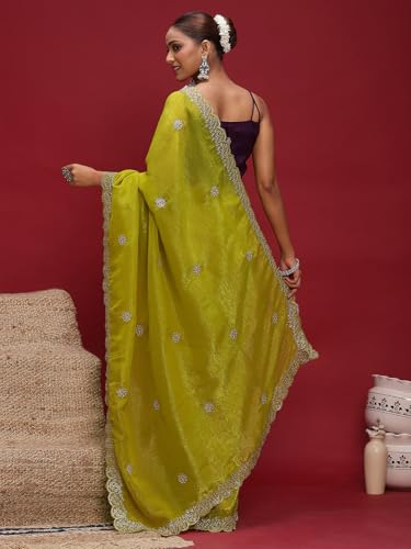 Image of AKHILAM Women's Tissue Embellished Saree With Unstitched Blouse Piece (RANI4701 RN Parent)