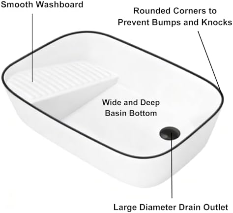 White Ceramic Laundry Sink with Washboard, Above Counter Bathroom Sink Set with Faucet, Drain Pipe & Drainer - Ideal for Balconies & Laundry Rooms (60x38x16cm)