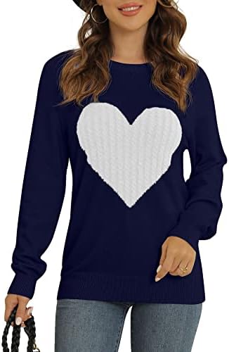 QIXING Women's Pullover Sweater Round Neck Long Sleeve Heart-Shaped Sweater
