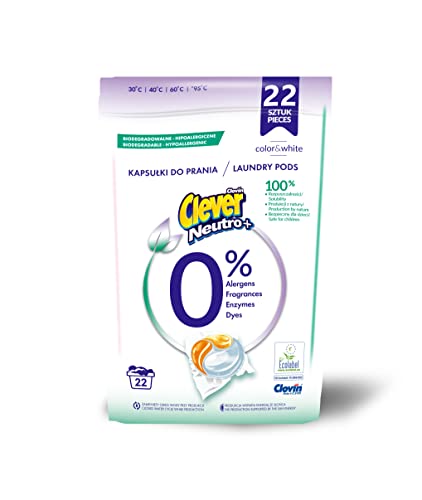 Gorros lavado neutro biodegradables 3 cámaras (22 Lavados) CLEVER NEUTRO+ COLOR&WHITE doypack Detergente hipoalergénico 396 g