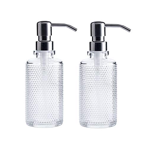 WHOLE HOUSEWARES | 10-Ounce Clear Glass Round Dispenser Bottles with Stainless Steel Pumps | 2 Pack | Ideal for Essential Oils, Lotions, Liquid Soaps