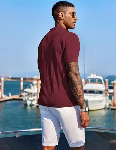 COOFANDY Men's Beach Button Up Shirt Short Sleeve Knit Shirts Fashion Summer Vacation Top Wine Red - Image 3