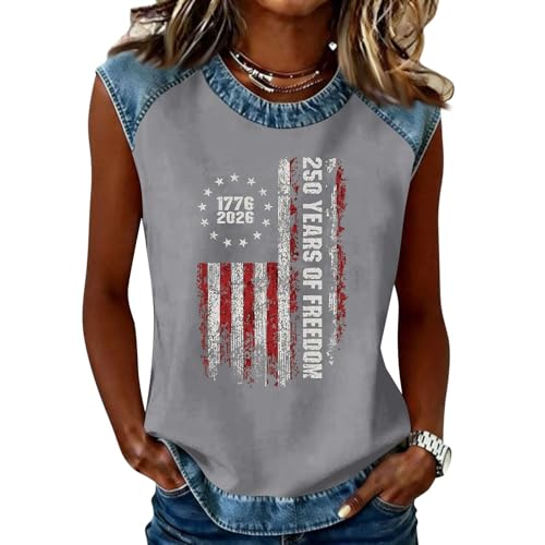 HHOSGPP USA 250th Anniversary Shirt | Women's 250 Years of Freedom Distressed Denim Trim America Flag Patriotic Sleeveless Blouse 1776-2026 Graphic Tee Shirt(39-Gray,M)