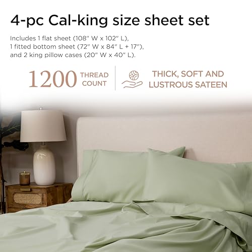 Image of Threadmill 1200TC Supima Cotton Cal King Sheet Set, Sateen, Sage Green | 100% Supima Cotton, Sateen Weave, 4-Piece Set, All-Around Elastic, Hotel Quality, OEKO-TEX Certified, Machine Washable