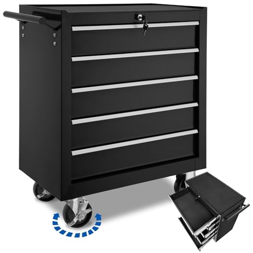 Preisvergleich Produktbild tectake® Werkzeug Wagen mit 5 Schubladen, Werkstattwagen, Tool Werkzeugwagen fahrbar, Werkzeugtrolley, Werkzeugkiste groß, Werkzeugkoffer leer, Stahlschrank - schwarz