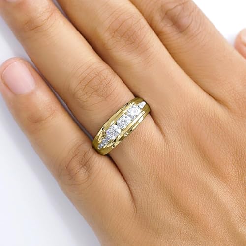 Men's 3-stone Anniversary Wedding Band Ring Round Lab Created Moissanite & Lab Grown Diamond Channel Set Ring In 925 Gold Plated Sterling Silver 10K & 14K Solid Gold Jewelry Gift For Him (1.00 Cttw)3