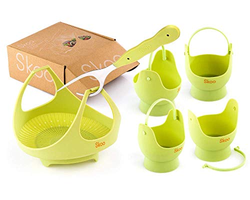 Skoo Compatible with Stove Top, Microwave, Instant Pot - Vegetable Steamer Basket + Egg Poacher Cups + Fork - Silicone Egg Cooker and Food Steamer Set - Green Edition