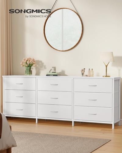 Image of SONGMICS Dresser with 9 Fabric Drawers, TV Stand for TVs Up to 70 Inches | Wide Dresser, Chest of Drawers for Bedroom and Living Room, Cloud White, BELLAH Collection ULGS233WH02S