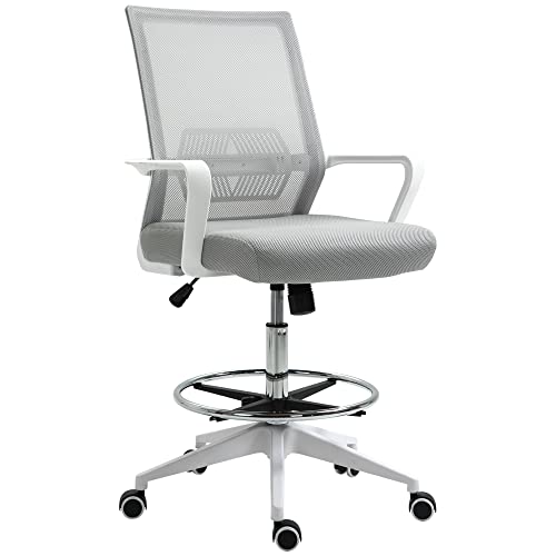 Vinsetto Fauteuil de Bureau Chaise de Bureau Assise Haute réglable dim. 64L x 59l x 104-124H cm Tabouret de Bureau pivotant 360° Maille Respirante Gris et Blanc Cover