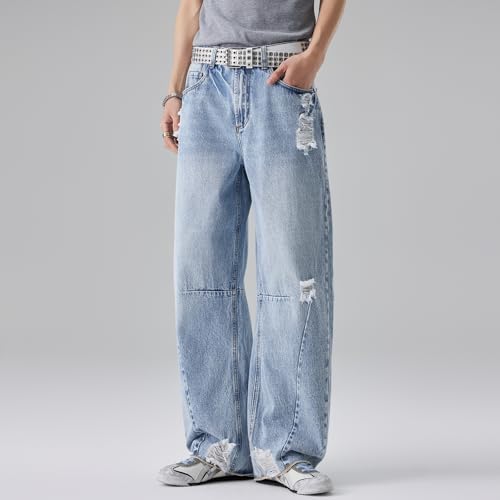 Men's Retro Style Wide Leg Jeans, Light Blue Denim, High Waist, Distressed, American Fashion, Casual Street Wear (US, Alpha, X-Small, Regular, Regular)2