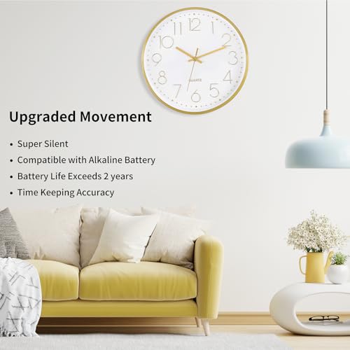 Image of Foxtop 12 inch Gold Wall Clock Silent Battery Operated Modern Metal Clock