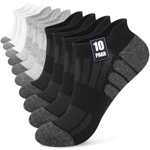 Stoeury 10 Paar Sneaker Socken Herren Damen, Atmungsaktive Baumwolle Kurze Sportsocken, Bequeme Sneakersocken mit Atmungsaktivem Netz, Knöchelsocken mit Fußgewölbestütze, Schwarz Weiß & Grau, 35-38